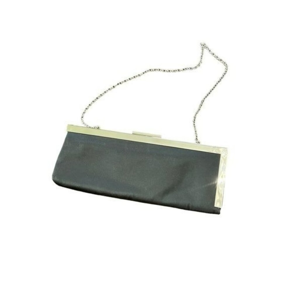 Calvin Klein Black Satin Clutch Purse Wallet w/ Chain 11x4" Gold Clasp & Trim